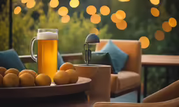 a plate of oranges and a mug with some type of beer