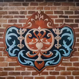 decorative ceramic artwork on brickwork in a room