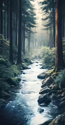 a creek is flowing through the woods near many trees