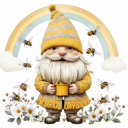 gnome with yellow hat and brown pants holding mug