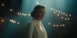 a woman dressed in a white suit standing on a stage
