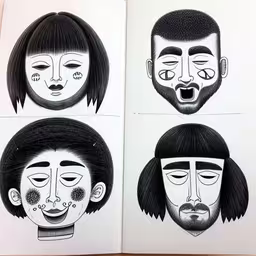 two different drawings of a girl and guy with facial expressions,three drawings of people with different facial expressions,four faces drawn in black and white on two sheets of paper,three illustrated photographs of men with different facial expressions,an open book on a table showing four illustrations