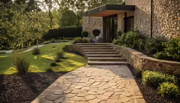 a home with stone steps and landscaping along side it