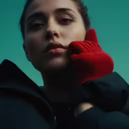 a woman with dark hair, wearing red gloves