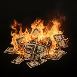 dollars bill flying over a fire and black background