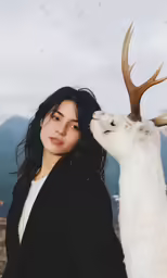 a girl in black coat and white deer