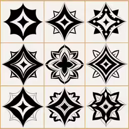 a series of 12 abstract designs,six black and white images with different shapes,nine different shapes of abstract ornames on white squares,nine different shapes are shown on a square,a number of different shapes in squares