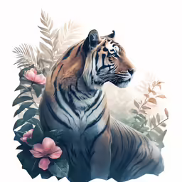 a tiger laying down next to some flowers