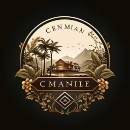 the logo for a hotel in the middle of a palm tree lined island