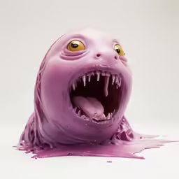 an odd looking purple creature with mouth open