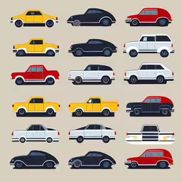 a bunch of cars that are sitting in a row,a series of different colored cars parked together