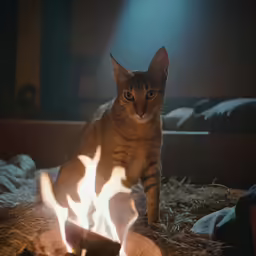 a cat sitting next to a burning fire in a bed room