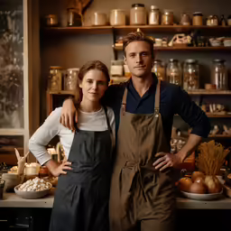 a couple posing in front of an empty kitchen