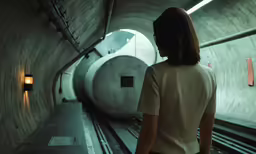 a young woman walking up a narrow subway