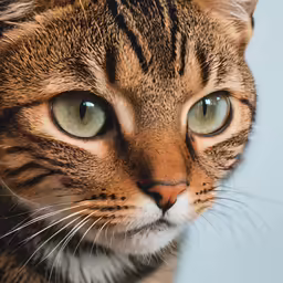close up image of the face of a brown tabby cat