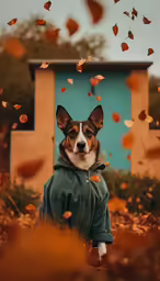 a dog in a jacket sitting with autumn leaves