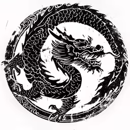 a black and white photo of a dragon,black and white drawing of two birds in a circular image