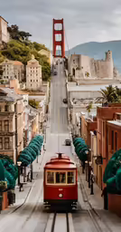 a trolley traveling along a street in front of the golden gate bridge