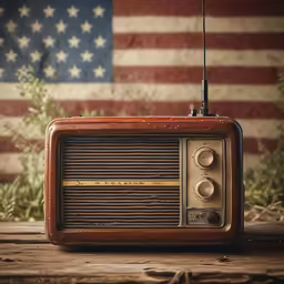 a brown radio is sitting on a table in front of an american flag