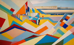 a large colorful painting with many lines,a painting that is in a building that has been painted