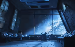 a room with two large windows, lots of pillows and a couch