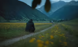 person sitting on ground, in grass next to a field