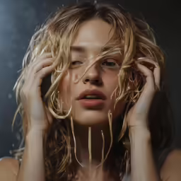 a girl posing with her hands on her hair