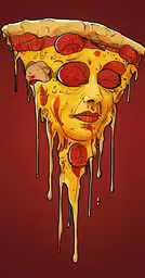 a large slice of pizza on top of a red wall