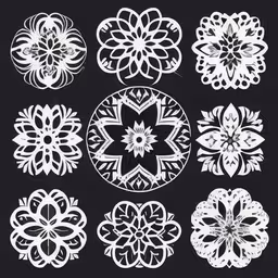 a collection of ornamental, circular and ornamental design,white snowflake cut - outs and embellishments from the 1960s - 70