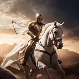 a man is sitting on a white horse