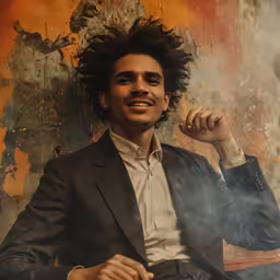 a man sitting in front of a wall with his hand up