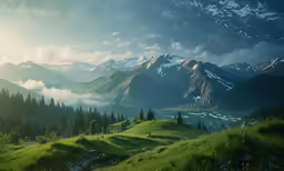 there is a green field with trees and mountains in the background