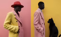 a man in a yellow jacket and red hat next to a black cat