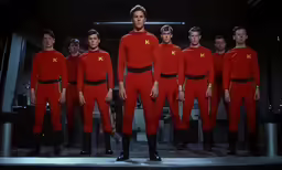 a group of men in red uniforms standing next to each other