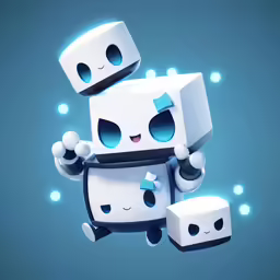 three little white robot are on blue and green lights
