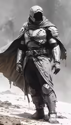 a man in a suit with a cape is walking down the desert