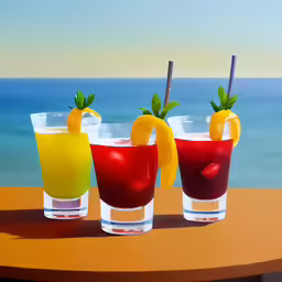 three colorful glasses filled with cocktails sitting on a table