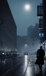 a person walking on a street in the rain at night