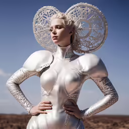 a woman with a giant frosbee on her head and body