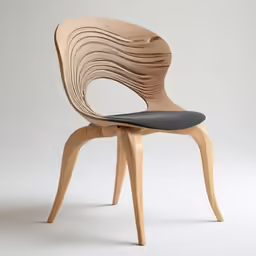 a wooden chair with black seat cover