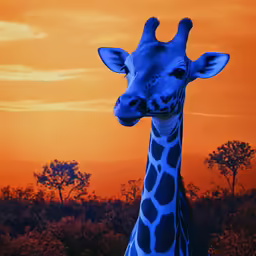 a very large giraffe with a large orange sky