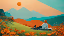 the painting depicts the woman lying on a flowery field,a man sitting on the ground in front of a field with orange flowers