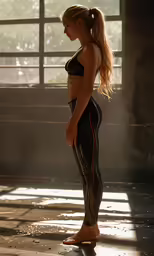 a woman standing on a concrete floor next to a window