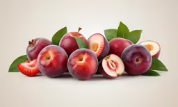 ripe plums and green leaves with one whole peach on top
