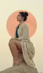 a woman is sitting on top of a rock with a sun setting behind her