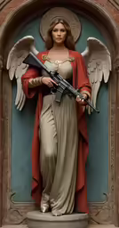 a statue with a gun in a church