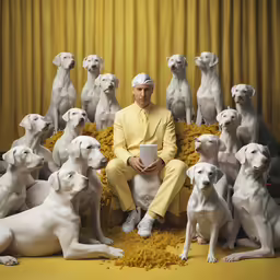 man with bowl sits among a group of dogs