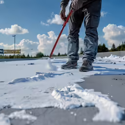 the person is cleaning the snow with a long handled snow shovel