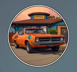 an orange classic car is in a circle,an orange car is parked in front of a building