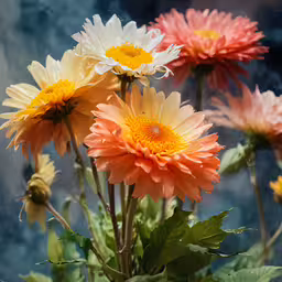 flowers with leaves in vase next to a cloudy sky,many colorful flowers are in a vase with greenery